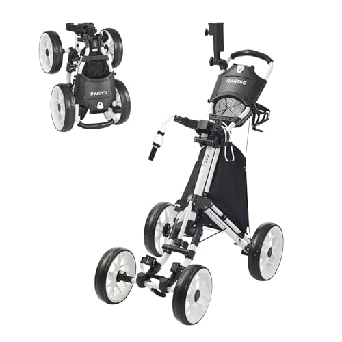 Image of Golf Push Cart 4-Wheels,Folding Golf Cart, Golf Pull cart with Cup Holder,Umbrella Holder,Cooler Bag, Foldable with one-Click,Handle Height Adjustable,Drink Holder,Walking Push cart