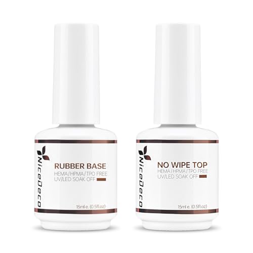 Nicedeco Esmalte de uñas en gel Base de goma y capa superior, 2x15ML Sin toallita Juego de capa superior y capa base Esmalte de uñas de gel transparente U V/LED Larga duración