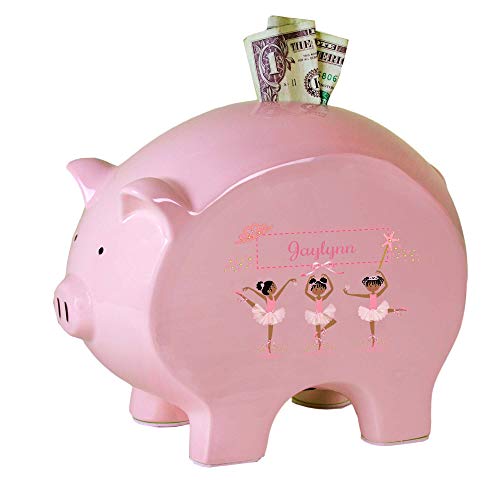 My Bambino Personalized Ceramic Piggy Bank | Pink Piggy Bank with Ballerina African American Design | Custom Name Kids Coin Bank | Keepsake Baby Shower & Birthday Gift