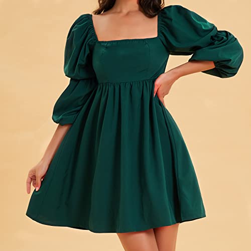 Exlura Womens Square Neck Dress Long Puff Sleeve A-Line Casual Short Mini Dress Dark Green #TOP1
