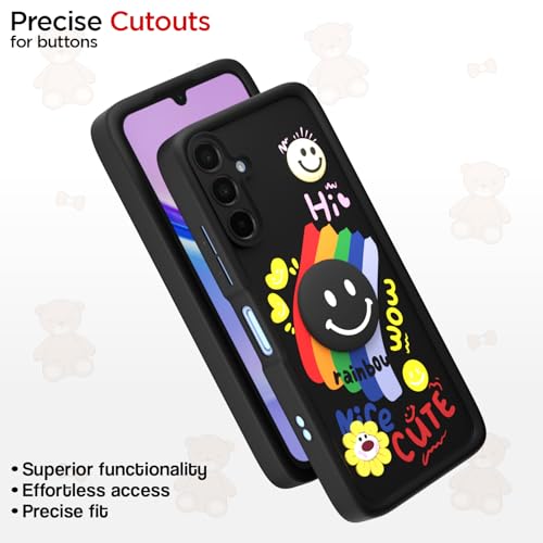 Image of Pikkme Back Cover for Samsung Galaxy A15 4G / A15 5G | Soft Silicone| Cute Rainbow Smile & 3D Cartoon Flower Design | Shockproof Raised Camera Protection Bumper Case (Black)