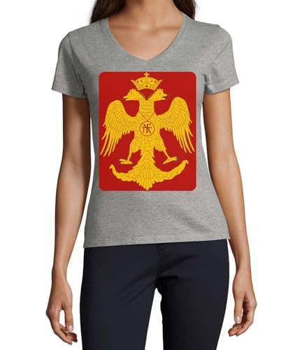 T-shirt V coton femme gris au motif aigle byzantin pour un style elegant