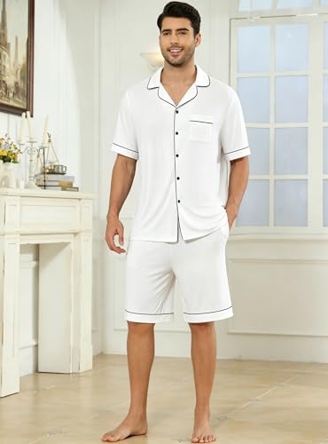 Image of Veseacky Men's Button Down Pajama Set Short Sleeve Shorts Modal Soft Sleepwear Loungewear Pjs with Pockets S-XXL