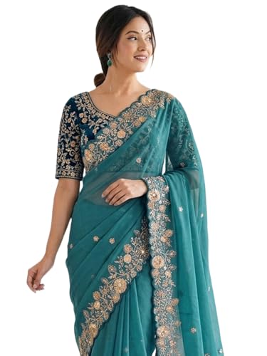 Image of SIRIL Women's Shimmer Georgette Scalloped Border Sequins Embroidery Saree with Unstitched Blouse Piece