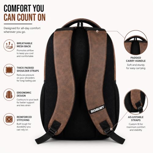 Image of BIGBERRY Rodeo | Leatherite Faux Leather Laptop Backpack for Men & Women | Water Resistant Medium Office, Travel, College Bag | Fits Up to 15.6 Inch Laptop | Travel, Casual & Business, Unisex