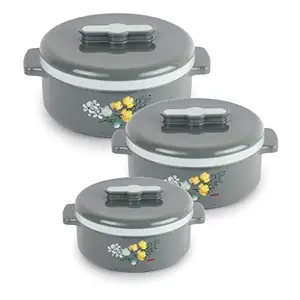 CELLO Gourmet Stainless Steel Insulated Casserole| Hot Pot | Serve & Store | Inner Steel and Outer Plastic | Set of 3 | Grey