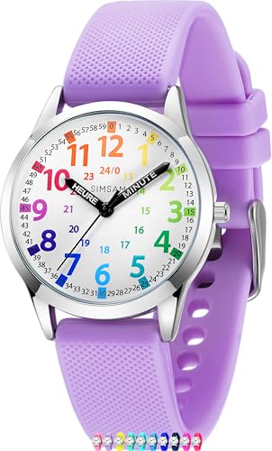 SIMSAM Montre Enfant Garcon, Montre Enfant Fille 4, 5, 6, 7, 8, 9, 10, 11, 12 Ans, Montres Garçons Fille Pédagogique, Analogique - Violet Clair