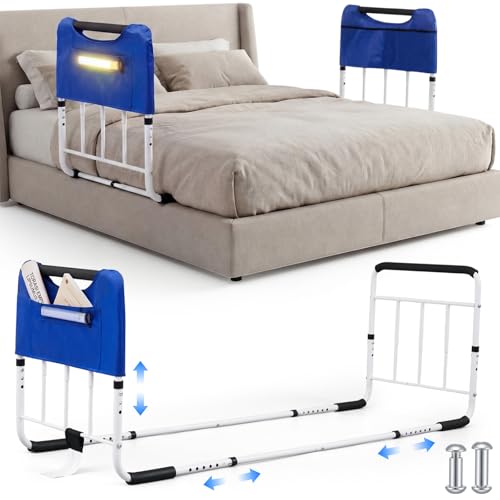Chicmount Double Bed Rail for Elderly Adults Safety, Adjustable Bed Rail, U Bar with Sensor Light & Storage Pocket for Medical Bedside Safety Assisting Rails Fits Twin Full Queen Beds