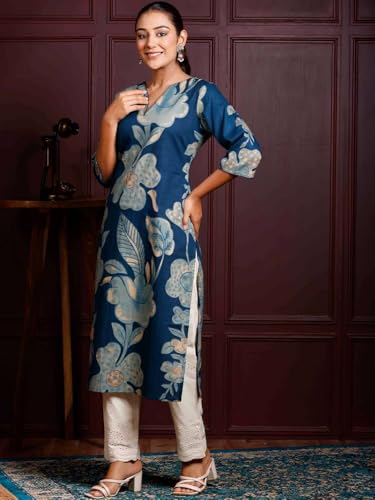 Image of Rimeline Women's Cotton Floral Printed Kurta with Notch Neck Detail | Straight Fit Ethnic Wear for Office, Casual & Everyday Styling