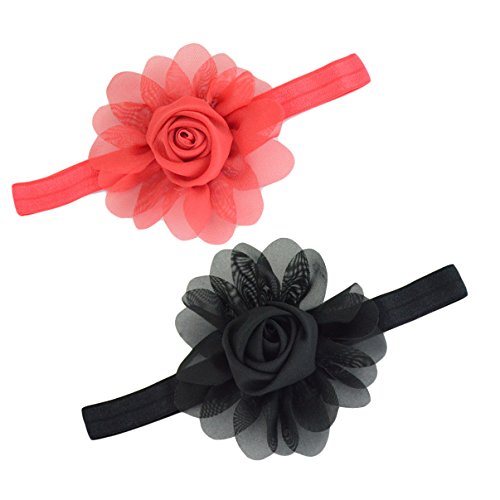 Chiffon Rose Frill Flower Baby Girls Headband Hair Accessories JA10 (Red,Black)