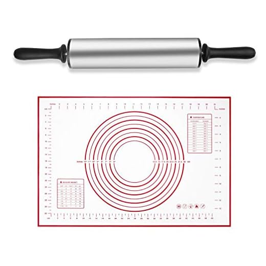 Adjustable Rolling Pin with Thickness Rings and Pastry Mat Set for Baking Cookie Chapati Fondant Dough Pastry Pizza Pie Crust, Stainless Steel Roller Pin, Red Mat