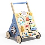 Ocean-Themed Wooden Baby Walker with Activity Center, Montessori Push Walker Toy for Babies 18 Months, Safe First Steps Baby Walking Aid for Boys & Girls