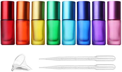 5ml 8 Colour Frosted Glass Roll On Bottles,Empty Portable Essential Oil Glass Roller Bottle With Stainless Steel Roller Balls Perfume Roll-On Bottle with Lids-8 Pack
