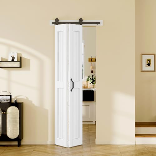 Easelife 30x84in Bifold Barn Door with Hardware Kit White Sliding Closet Doors 2 Panels with 34 Track Waterproof MDF Folding Barn Door for Closet Laundry Room Easy Assembly Pre-Drilled
