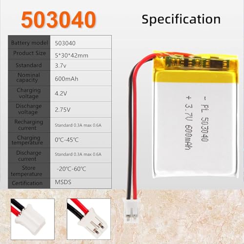 3.7V Lipo battery, 3.7V 600mAh 503040 Lithium Polymer Ion with 2P-PH connection with 2.0 mm pitch - Image 4