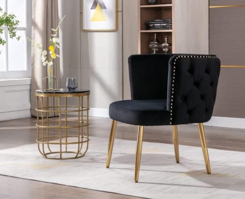 EALSON Velvet Accent Chair Modern Tufted Armchair with Gold Legs Comfy Upholstered Living Room Chair Mid Back Barrel Chair Leisure Club Guest Chair for Bedroom, Black
