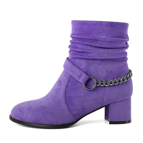 Mettesally Women's Slouchy Ankle Boots Low Block Heels Round Toe Booties Side Zipper 2 Inch Fall Boots With Chain Strap4