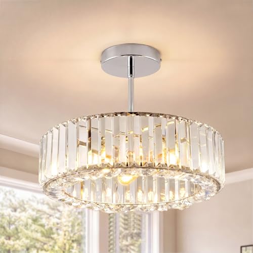 Image of Warmiehomy Modern Chandelier Ceiling Lights, 35cm Chrome Crystal Chandelier Ceiling Lights Living Room, E27 Round Semi Flush Light Fittings for Bedroom Hallway Lounge Kitchen Dining Room