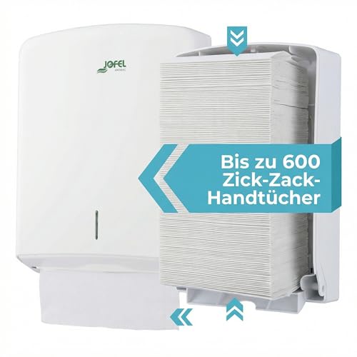 Jofel - Handtuchspender, Gesichtshandtuch, Wandhandtuchspender, bis zu 600 Zick-Zack-Handtücher, Hygienisch, Hochwertiges ABS-Gehäuse, Azure AH33700,Weiß