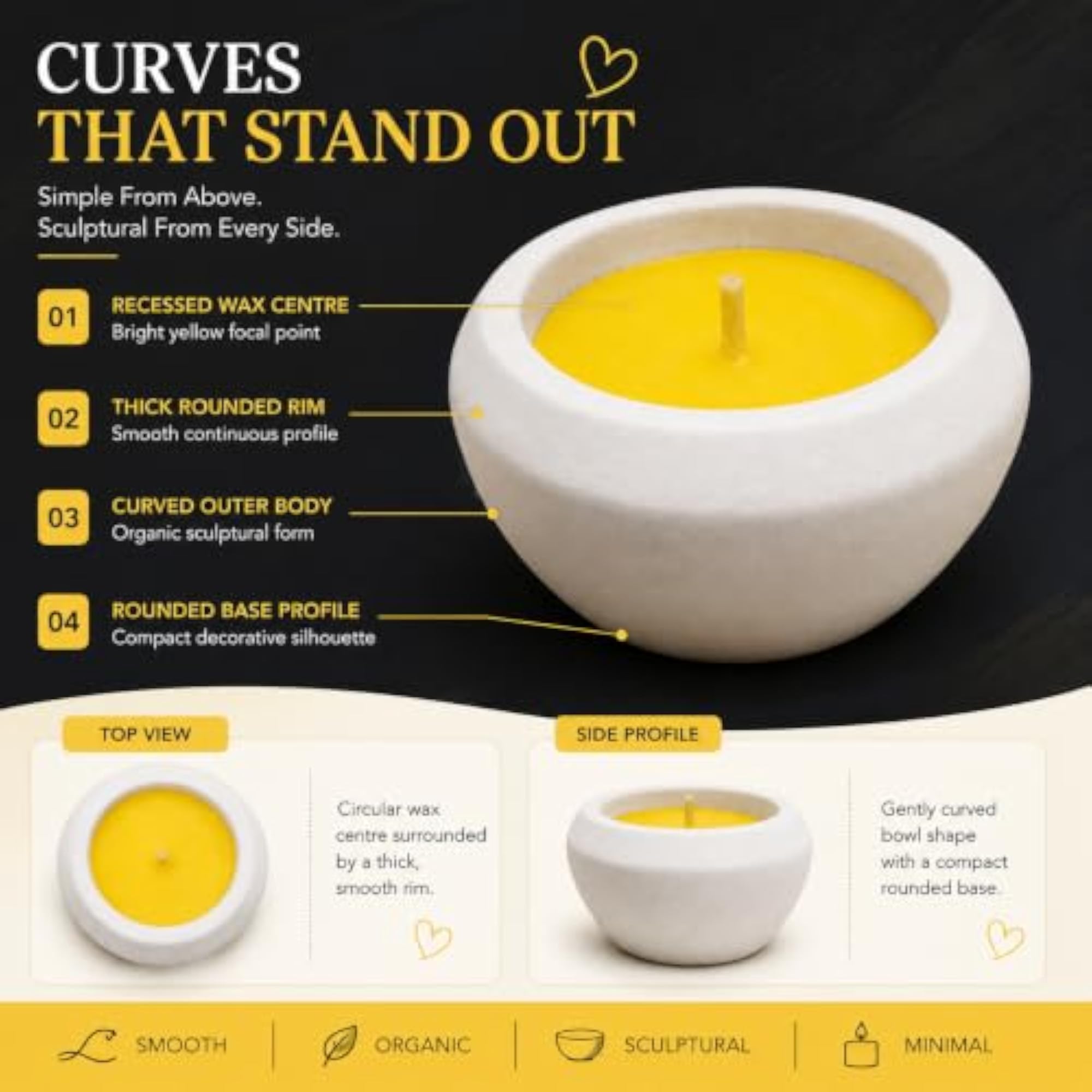 Minimal Round Decorative Candle with Yellow Wax, Bowl Shaped Design