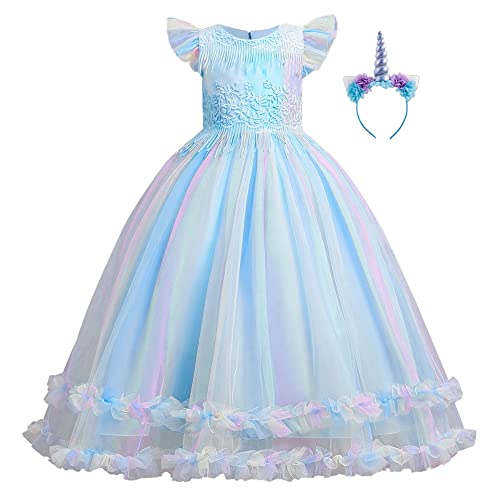IZKIZF Girls Unicorn Costume Princess Long Maxi Tulle Dress w/Headband Princess Birthday Party Halloween Cosplay Outfits Rainbow Blue 4-5T