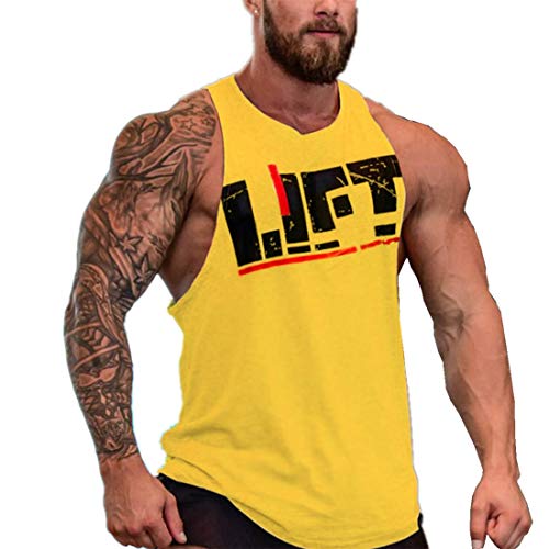 YeeHoo Lift Men s Bodybuilding Gym Tank Tops Workout Stringer Sleeveless Shirts Vest Cotton Yellow