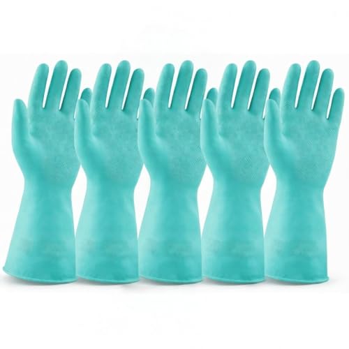 Image of LADWA Premium Rubber Cleaning Gloves, Green Color Reusable Waterproof Gloves for Kitchen Cleaning, Dishwashing, Gardening and Bathroom Use with Durable Grip (Pack of 5 Pairs)