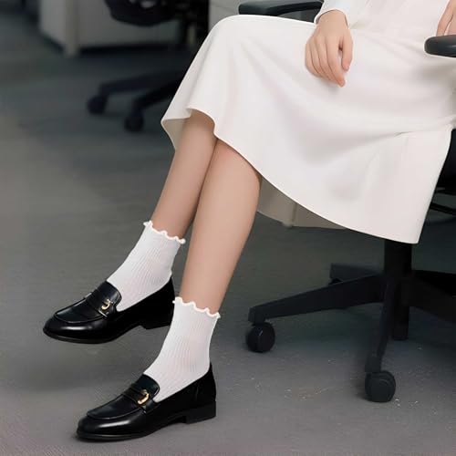 6 Pairs Ankle Ruffle Socks Women, Soft Breathable Ruffled White Short Socks for Woman Cute3