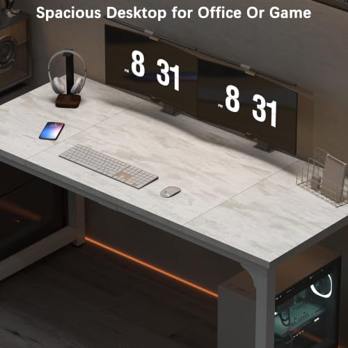 Image of NSdirect 63 inch Large Computer Desk,Modern Simple Style PC Table Office Desk Wide Workstation for Study Writing,Gaming and Home Office,Extra 1 inch Thicker Wooden Tabletop and Black Metal Frame,Stone White