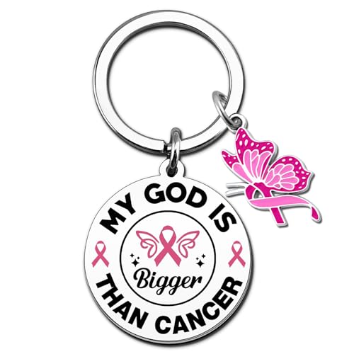 VIESUJI Breast Cancer Gifts for Woman Pancreatic/Ovarian/Bladder Cancers Awareness Accessories Breast Cancers Survivor Gifts My God Is Bigger Than Cancer Spiritual Keychain