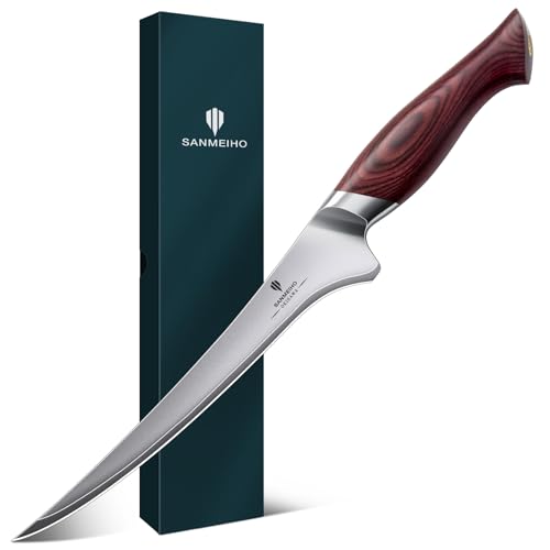 SANMEIHO Coltello per Sfilettare 18 cm, Coltello Affilato per Disossare il Pesce per Carne in Acciaio Giapponese 10Cr15Mov, Coltello da Cucina con Manico Ergonomico in Legno di Pakka