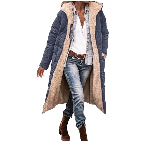 Winter Jacket for Women Warm Reversible Fleece Sherpa Lined Quilted Jackets Zip Up Hooded Long Casual Puffer Coat