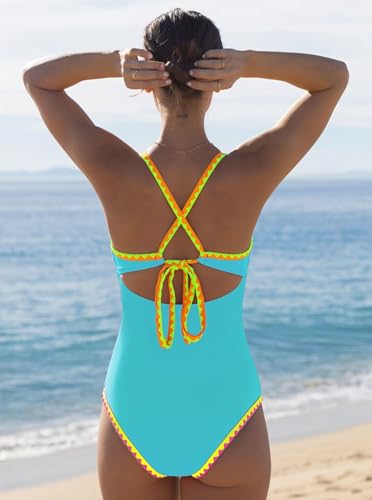 Image of popvil Women One Piece Swimsuit Deep V Neck Neon Cute Bathing Suit | Neon Contrast Trim, Adjustable Straps, Cutout, Soft Stretch Fabric, Back Tie, Quick-drying, Beach, pool, cruise vacation