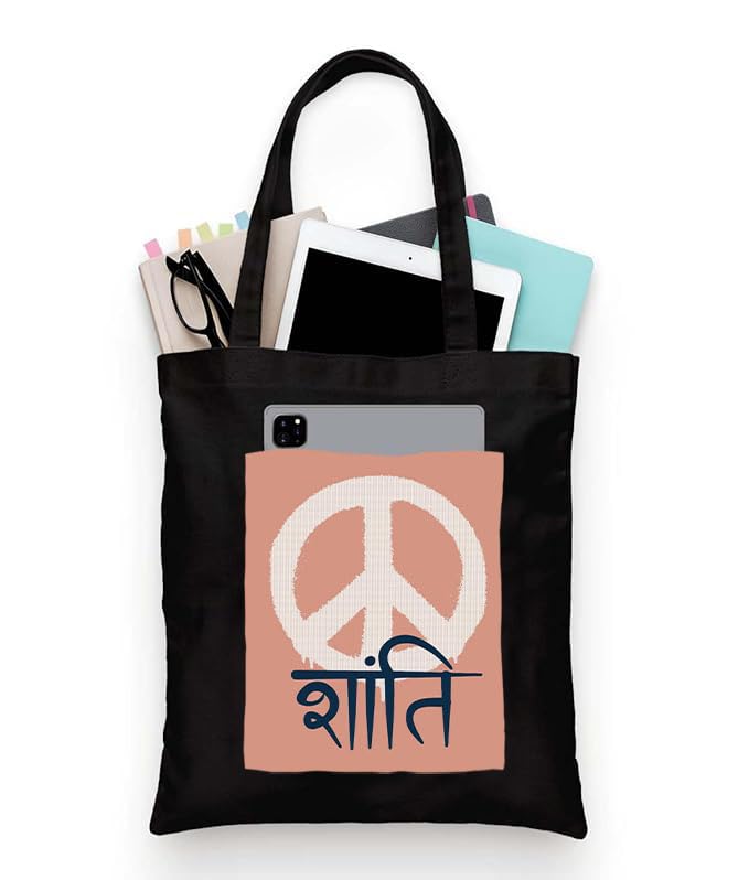 Image of Black Tote Bag With Pocket Printed Designed Canvas Tote Bags For Women large capacity,Tote bag For Shopping, College, Travel, More Canvas Handbag For Unisex Bag