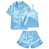 Belovecol Girls Pajama Set Button Down Pjs 3pcs Silk Satin Sleepwear Loose Shorts Sleeve Blue Loungewear 8-9T