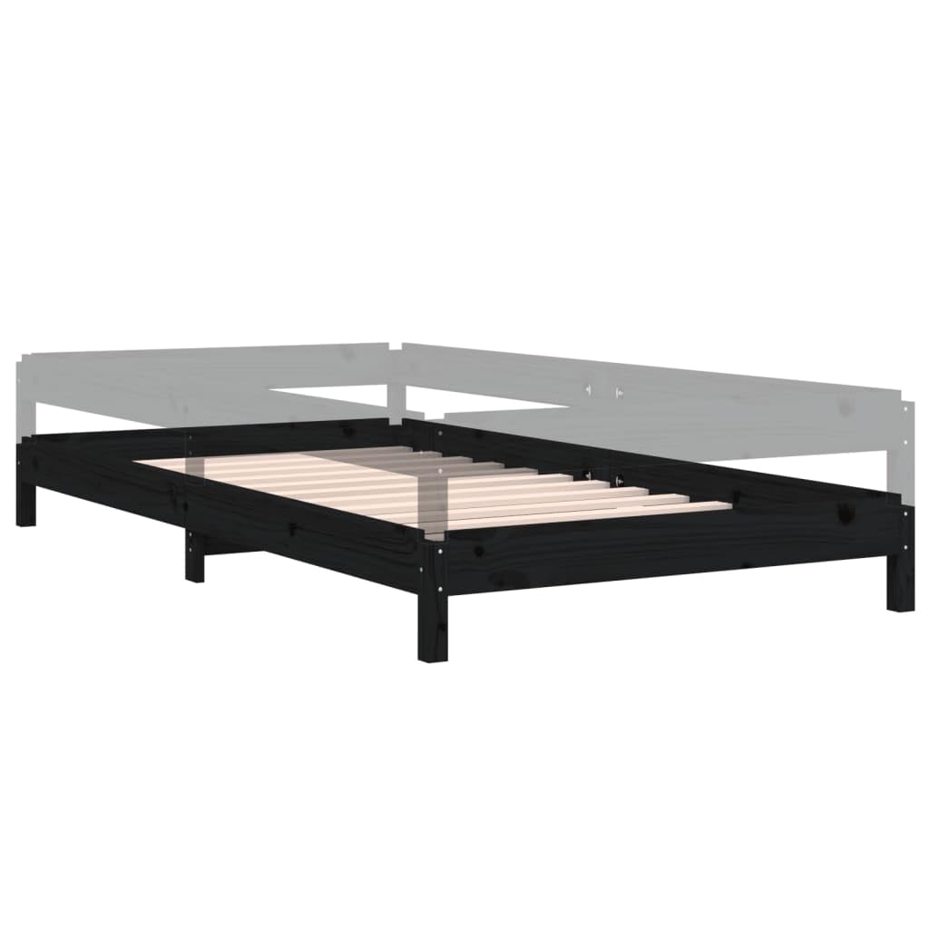 Stapelbett 90x200 cm Schwarz Massivholz Kiefer Gestell für Gäste- & Jugendzimmer, stapelbarer Bettrahmen mit Lattenrost, platzsparendes Einzelbett für Schlafzimmer & Wohnheim