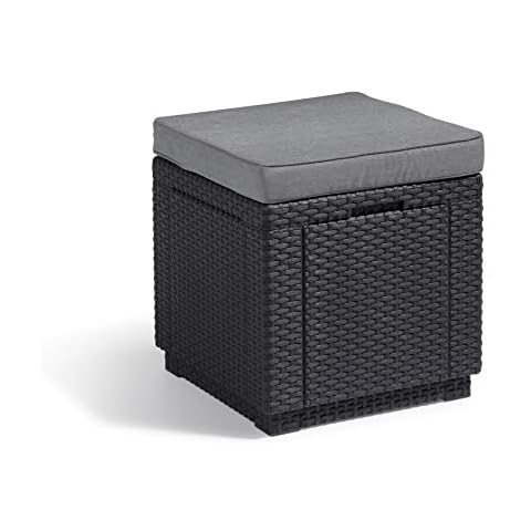 Allibert by Keter" Cube Hocker mit Stauraum, grau, inkl. Kissen, Deckel abnehmbar, flache Rattanoptik, wetterfest, 42x42x39cm Cover
