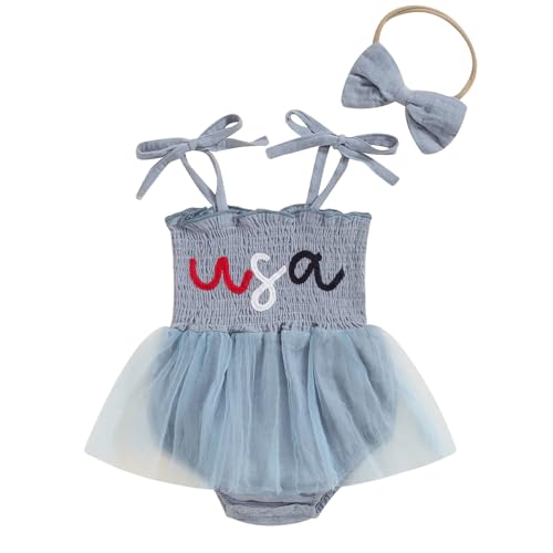 YINGISFITM 4th of July Baby Girl Outfits USA Bubble Romper Smocked Stars Dress Patriotic Onesie Infant Cute Summer Clothes (USA Blue,0-3 Months)