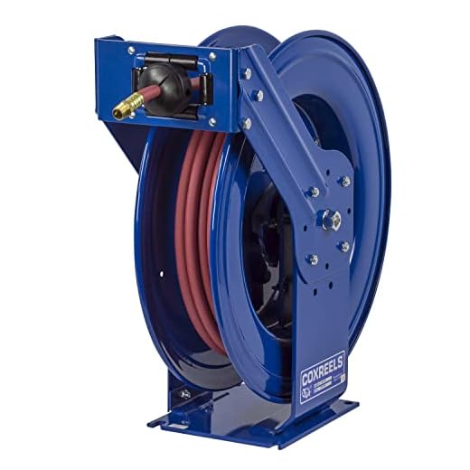 Coxreels TSH-N-475 Retractable Air, Water or Oil Hose Reel, T-Series, ½” x 75’ - Easy Maintenance with Brass Swivel and Multi-Position Mount Arm - Heavy-Duty Steel Construction, Made in USA, Blue