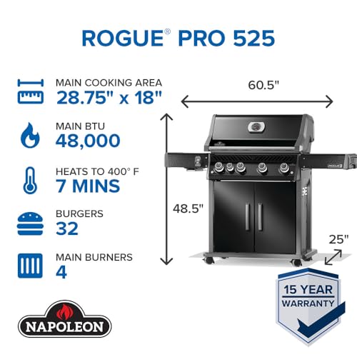 Image of Napoleon Rogue PRO 525 Propane Gas Grill with Infrared Side Burner, Black, Durable 5-Burner BBQ