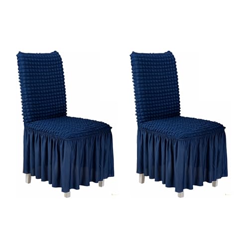Momooda Funda para Silla de Comedor Cocina con Respaldo Alto y Faldón Largo Pack 2, Protectores de Asiento de Seersucker Elásticos Universales y Lavables para Bodas Fiestas, Azul Real
