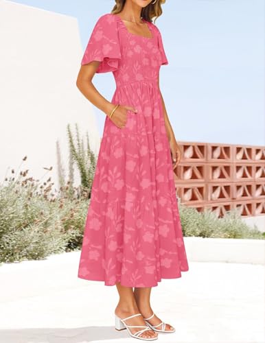 Image of ZESICA Wedding Guest Dresses for Women Summer 2026 Boho Floral Midi Dress Flowy Beach Vacation Graduation Long Dresses