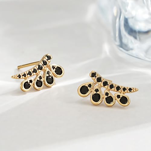 FETTERO Stud Earrings for Women - 14K Gold Plated CZ Hypoallergenic Earrings Studs Dainty Black CZ Leaf Gold Earrings for Women Trendy Statement Jewelry