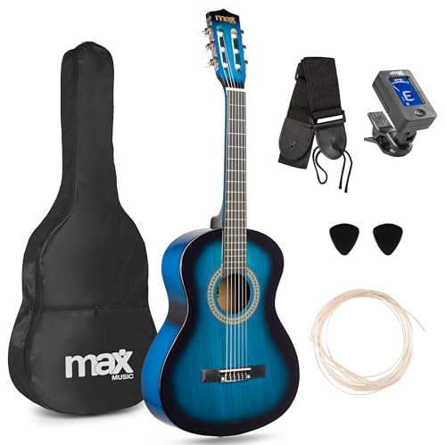 MAX SoloArt Junior - Akustik Gitarre 3/4, Kinder Gitarre inkl. Stimmgerät, Tasche, Plektrum, Gurt und Saiten-Zubehör, 3/4 Guitar in Holz Blau