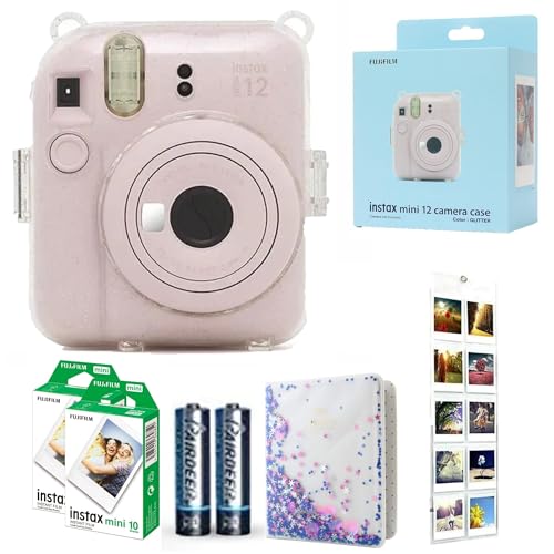 Fujifilm INSTAX Mini 12 Camera Blossom Pink id Bundle – Includes Mini 12 Pink Camera, 20-Shot INSTAX Mini Film, Clear Glitter Camera Case, Photo Album & Hanging Wall Photo Display