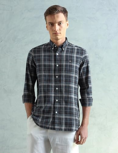 Image of Arrow Sport Men Slim fit Cotton Checked Long Sleeves Spread Collar Shirt
