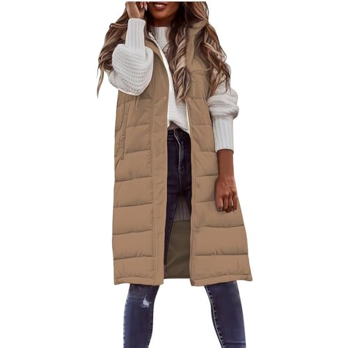 Long Puffer Vest for Women with Hood Plus Size Fashion Lightweight Winter Coat Sleeveless Warm Quilted Fall Jacket