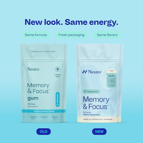 Image of Neuro Memory & Focus Gum - Caffeine Free Nootropic with Cereboost Ginseng, 60mg L-Theanine & B Vitamins - Brain Boosting Gum and Mental Clarity Supplement - Sugar Free, Vegan - Peppermint, 90 ct