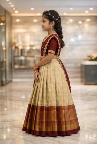 Image of White Button New latest half Saree South Indian Langa Voni pattu pavadai lehenga choli for girls