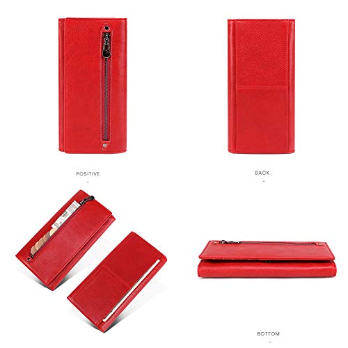 Leather RFID Blocking Women's Trifold Clutch, Card Holder Phone Slot Ticket Book Organizer Zipper Coin Wallet (Red)2